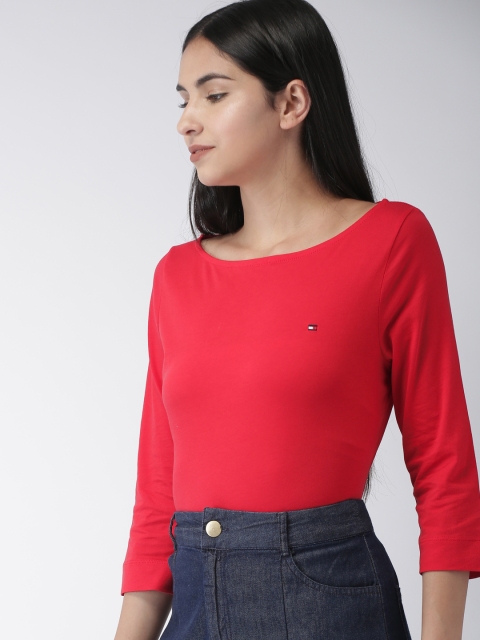

Tommy Hilfiger Women Red Solid Boat Neck Pure Cotton T-shirt