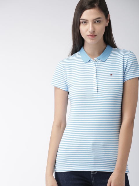 

Tommy Hilfiger Women Blue Striped Polo Collar T-shirt