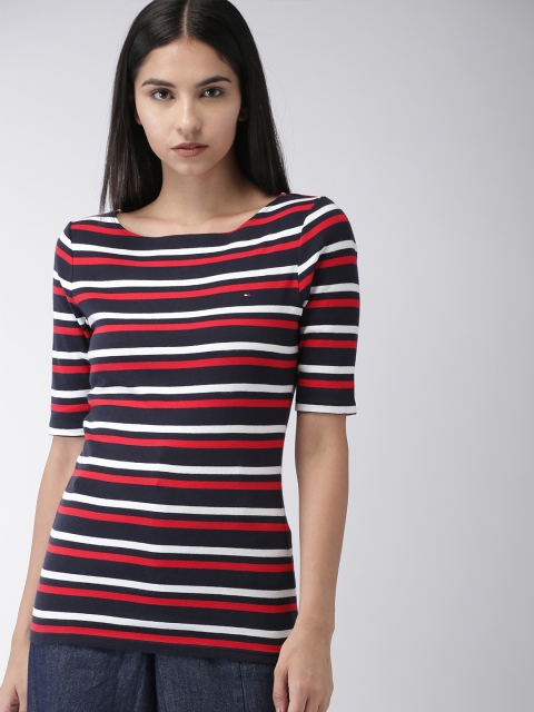 

Tommy Hilfiger Women Navy Blue, White & Red Striped Round Neck T-shirt