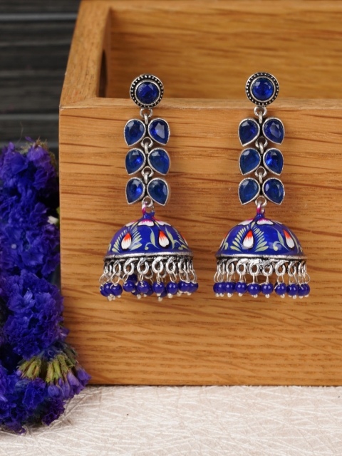 

FIROZA Silver-Toned & Navy Blue Hand Painted Stone-Studded Dome Shaped Jhumkas