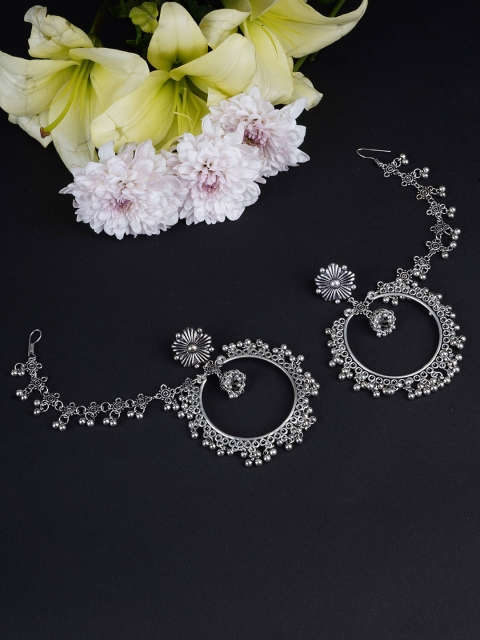 

FIROZA Oxidized Silver-Toned Circular Drop Earrings with Ear Chain