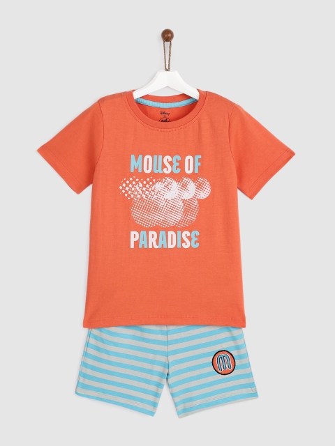 

YK Disney Boys Orange Printed T-shirt with Blue Striped Shorts