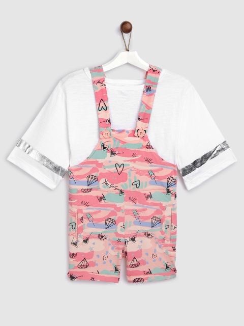 

YK Girls White & Peach-Coloured Printed Dungarees with a T-shirt