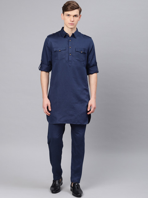 

Freehand Men Navy Blue Solid Kurta with Pyjamas
