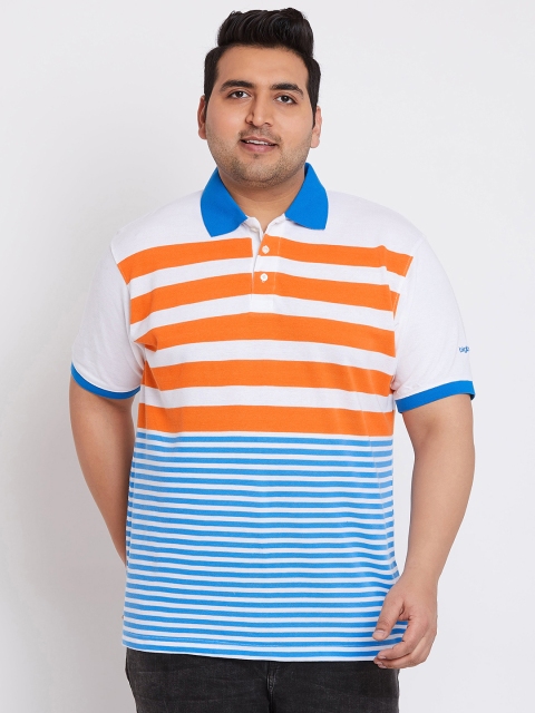 

bigbanana Plus Size Men White Orange Striped Polo Collar T-shirt