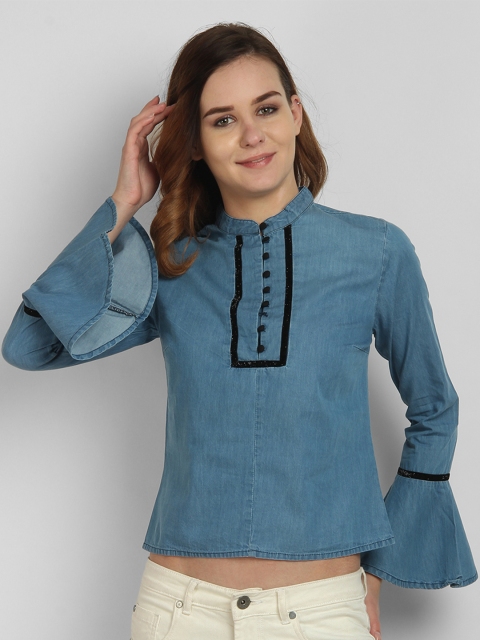 

LA LOFT Women Blue Solid Pure Cotton Top