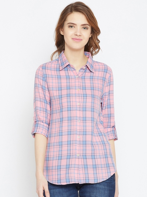

Ruhaans Women Pink & Blue Regular Fit Checked Casual Shirt