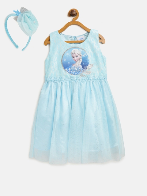 

Peppermint Girls Blue Self Design Fit & Flare Dress with Hairband