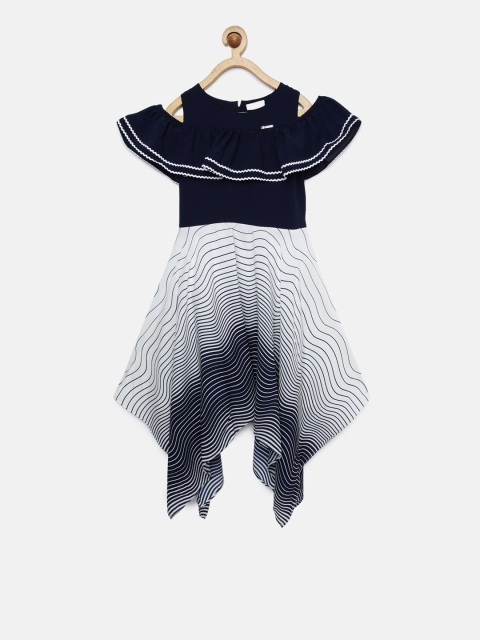 

Peppermint Girls Navy Blue & White Striped Fit and Flare Dress