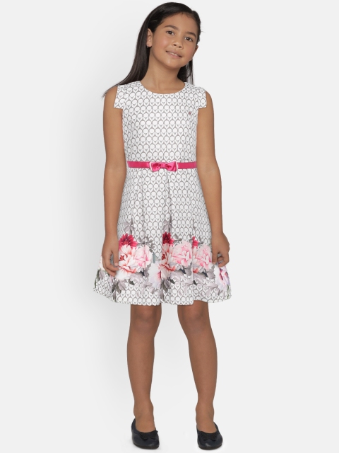 

Peppermint Girls Beige & White Printed Fit and Flare Dress