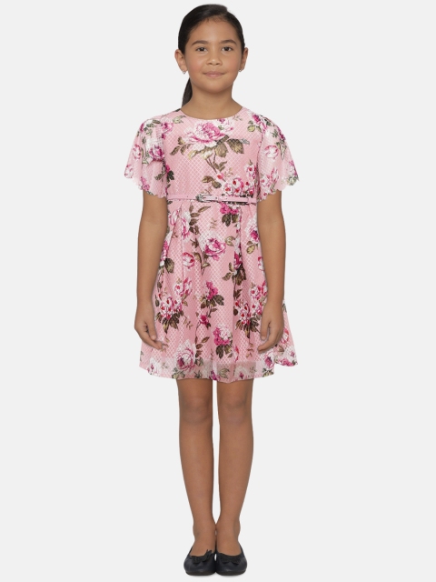 

Peppermint Girls Peach-Coloured Printed Fit and Flare Dress