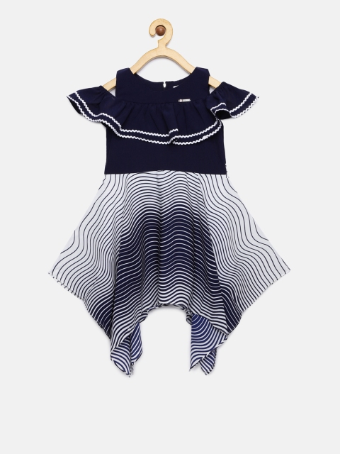 

Peppermint Girls Navy Blue Striped Fit and Flare Dress