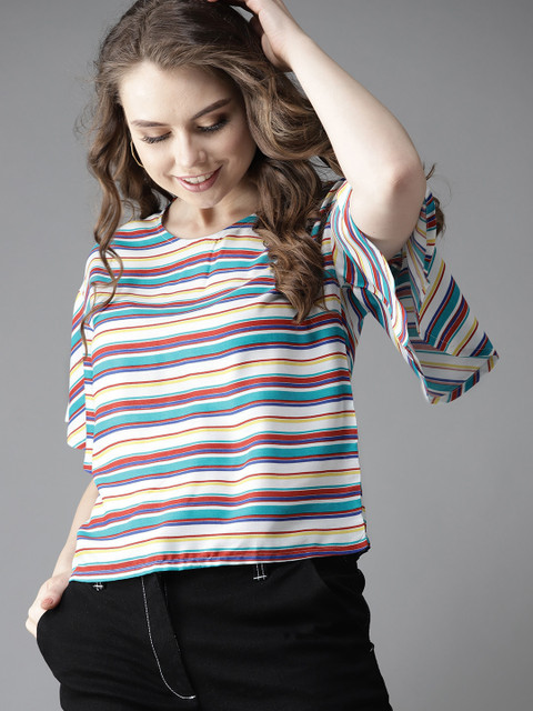 

HERE&NOW Women White & Red Candy Striped Styled Back Top