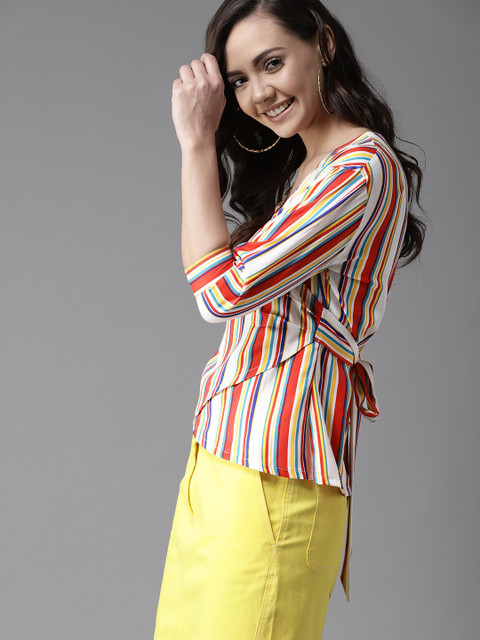

HERE&NOW Women Multicoloured Striped Wrap Top, Multi