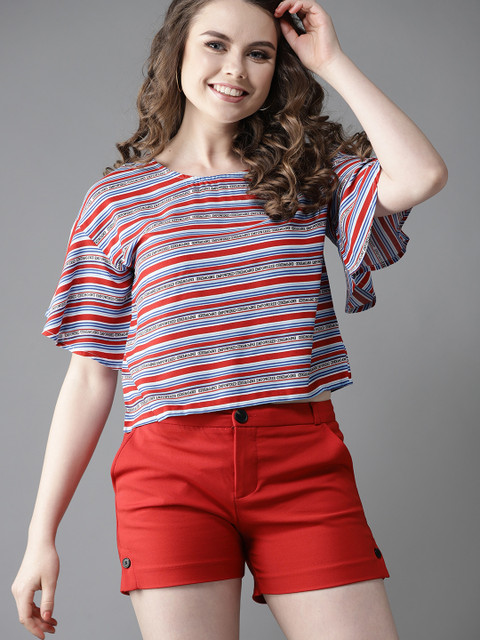 

HERE&NOW Women Red & Blue Striped Styled Back Top