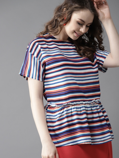 

HERE&NOW Women White & Blue Striped Cinched-Waist Top