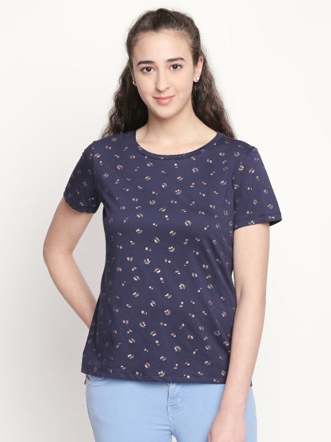 

Honey by Pantaloons Women Navy Blue Printed Pure Cotton Top