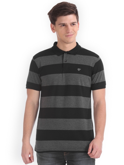 

Ruggers Men Grey & Black Striped Polo Collar T-shirt