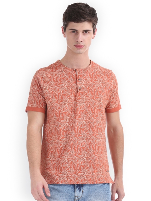 

Cherokee Men Orange Printed Henley Neck Slim Fit Pure Cotton T-shirt