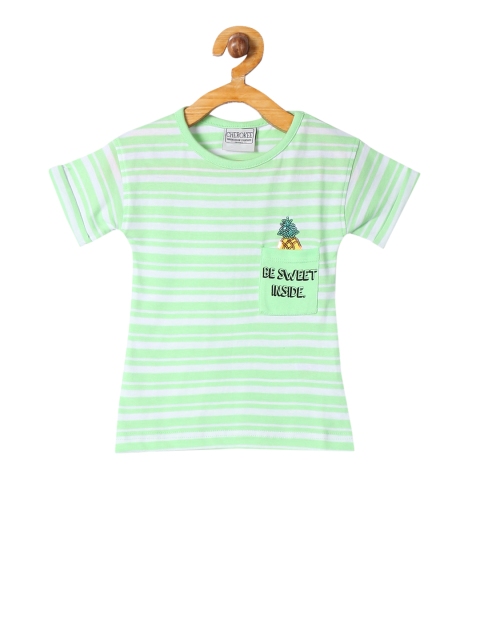 

Cherokee Girls Green Striped Round Neck Pure Cotton T-shirt