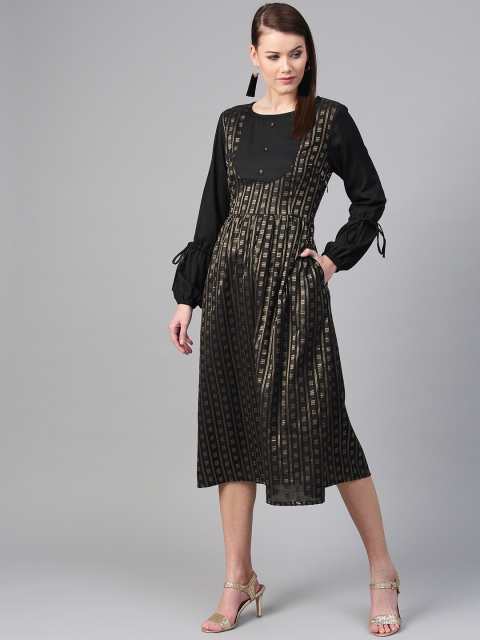 

RARE ROOTS Women Black Self Design Midi Fit & Flare Dress