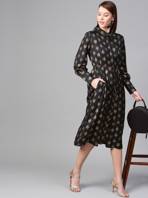 

RARE ROOTS Women Black & Golden Printed Midi Shirt Dress