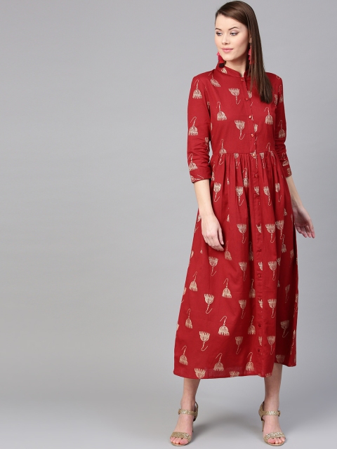 

RARE ROOTS Women Maroon & Golden Printed Midi A-Line Dress