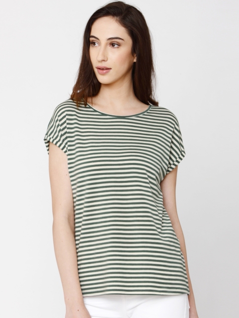 

Vero Moda Women Green & Off-White Striped Round Neck T-shirt