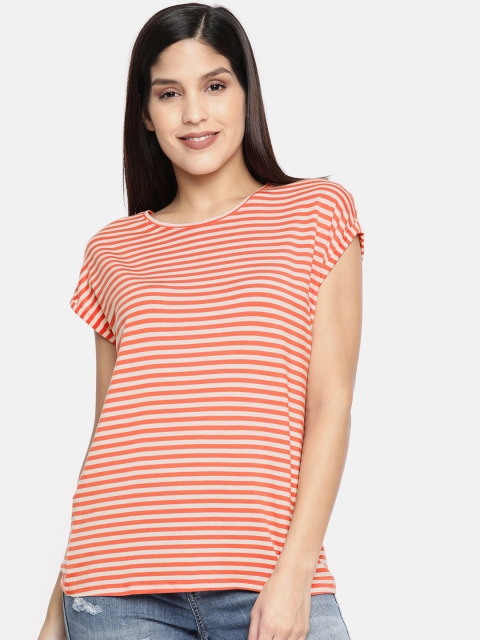 

Vero Moda Women Coral Orange & White Striped Round Neck T-shirt