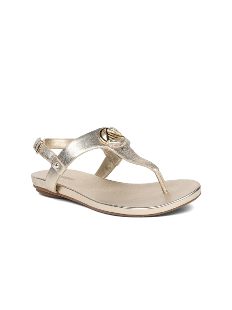 

ALDO Women Gold-Toned Solid Leather T-Strap Flats