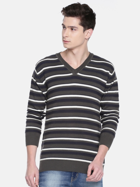 

Akiva Men Olive Green & White Striped Sweater