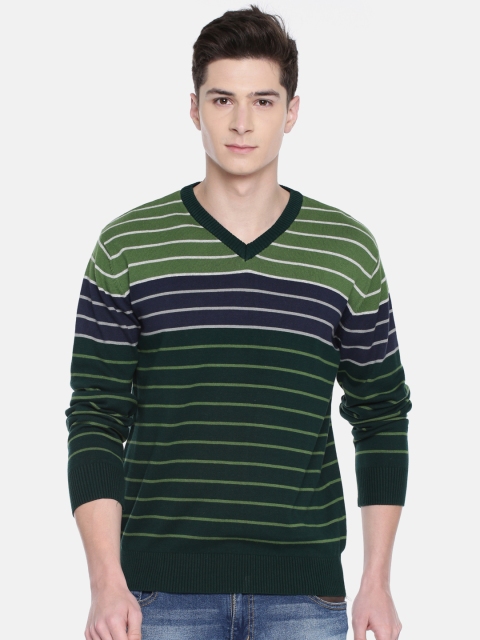 

Akiva Men Green & Navy Blue Striped Sweater