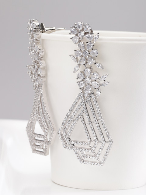 

Designs By Jewels Galaxy Silver-Toned Rhodium-Plated Handcrafted Floral Drop Earrings