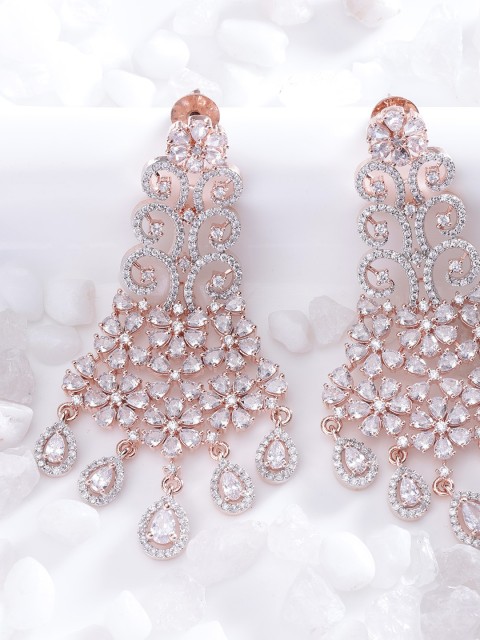 

Designs By Jewels Galaxy Rose Gold-Plated Stone-Studded Handcrafted Floral Drop Earrings