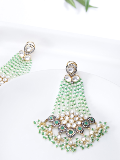 

Designs By Jewels Galaxy Green & Off-White Gold-Plated Beaded Handcrafted Drop Earrings