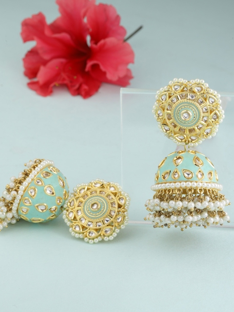 

Designs By Jewels Galaxy Mint Green & Off-White Gold-Plated Handcrafted Jhumkas
