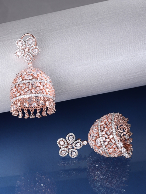 

Designs By Jewels Galaxy Rose Gold-Plated Stone-Studded Handcrafted Dome Shaped Jhumkas