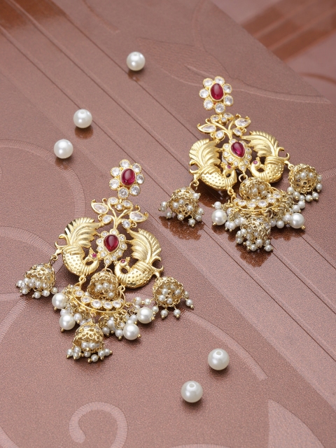 

Designs By Jewels Galaxy Red & Off-White Gold-Plated Handcrafted Peacock Drop Earrings