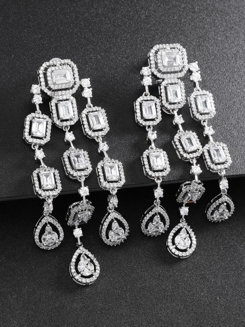 

Designs By Jewels Galaxy Silver-Toned Rhodium-Plated Handcrafted Geometric Drop Earrings