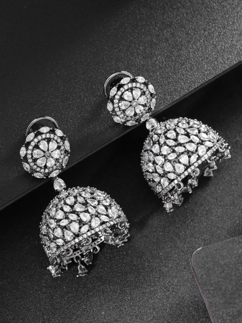 

Designs By Jewels Galaxy Gunmetal-Toned Rhodium-Plated Handcrafted Dome Shaped Jhumkas, Metallic