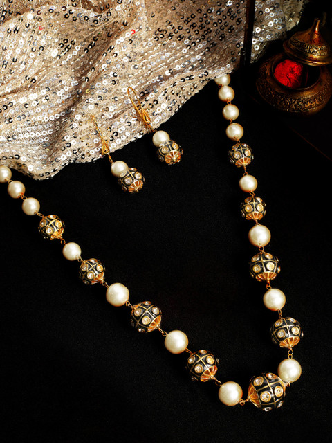 

Rubans Women Gold Plated & White CZ Studded Baroque Pearl Embellished Jewellery Set