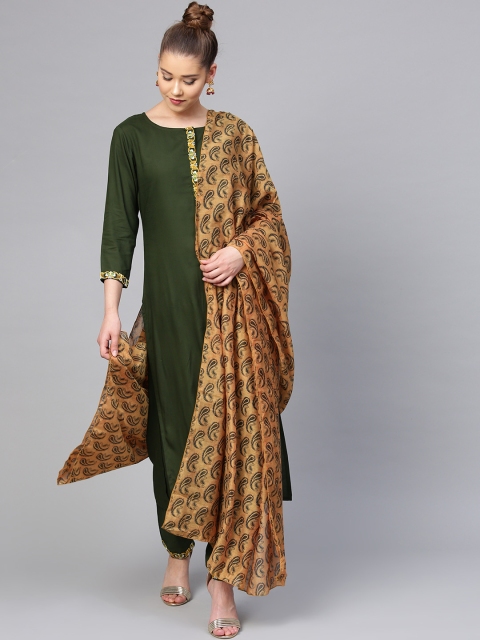 

Yufta Women Olive Green & Mustard Solid Kurta with Palazzos & Dupatta