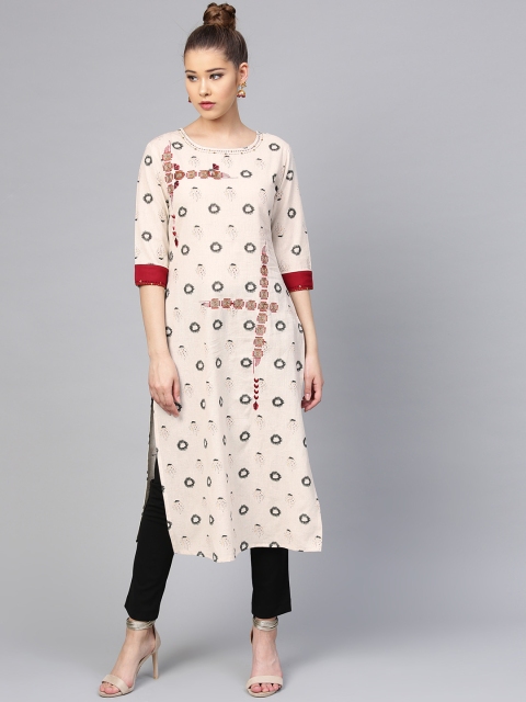 

Yufta Women Off-White & Grey Printed Straight Kurta