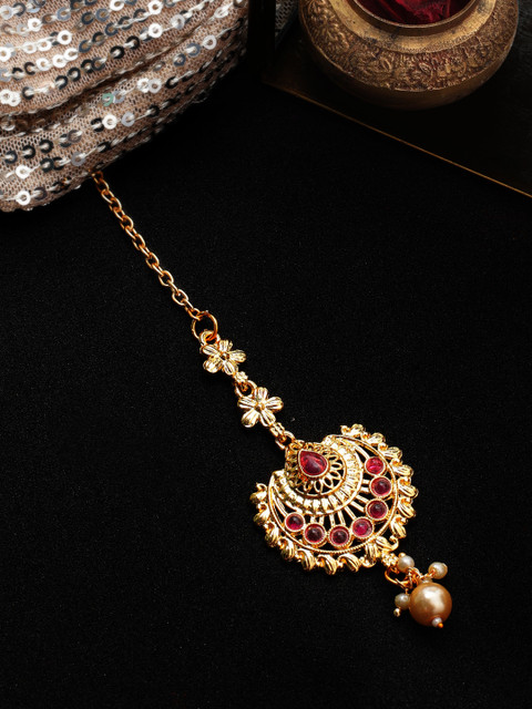 

Rubans Gold Plated & Red Traditional Temple Stone Studded Maangtikka
