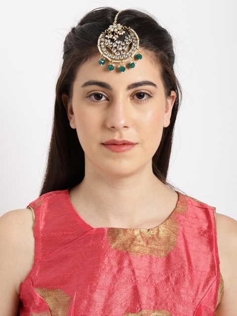 

Rubans Gold-Plated Green Kundan Studded Embellished Maang Tika