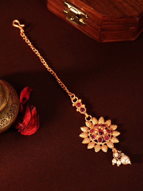 

Rubans Gold Plated & Red Traditional Temple Embellished Maangtikka