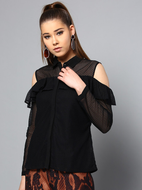 

RARE Women Black Regular Fit Self Design Casual Shirt