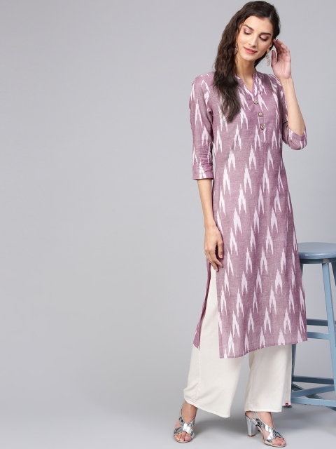 

Inddus Women Mauve & White Ikat Print Straight Kurta