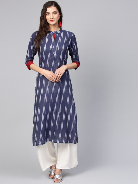 

Inddus Women Navy Blue & White Ikat Print Straight Kurta