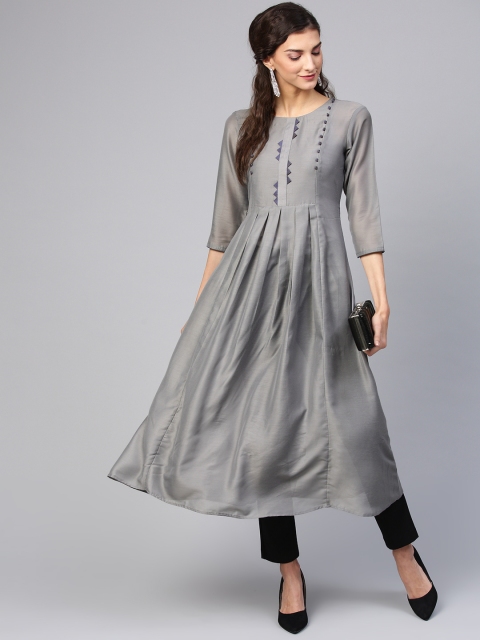 

Inddus Women Grey Solid A-Line Kurta